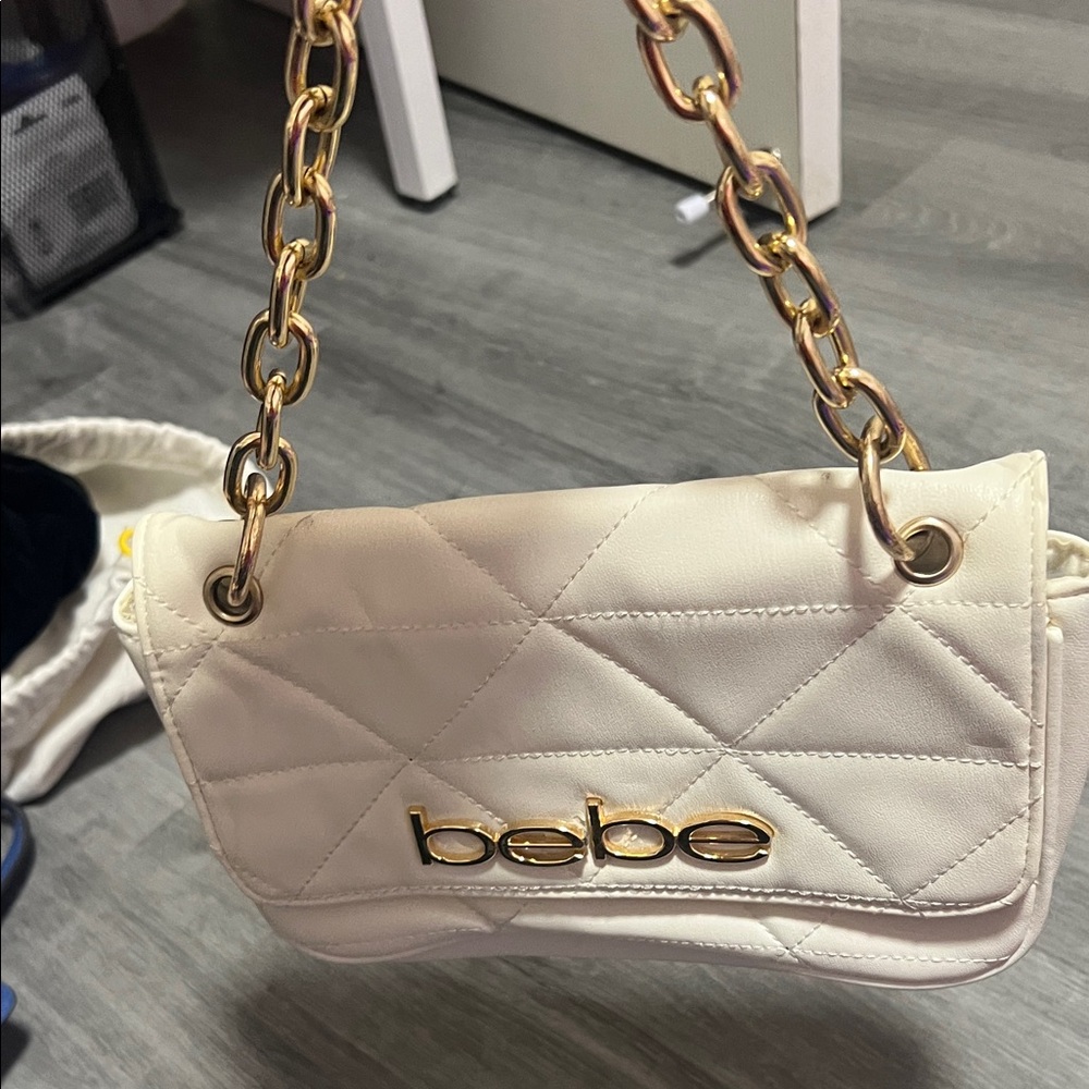 Bebe Cream Quilted Shoulder Bag with Gold Chain